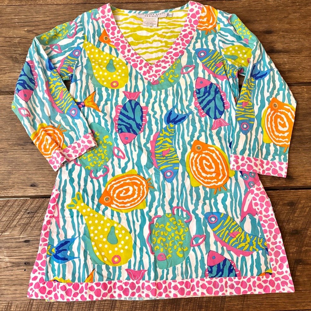 Gretchen Scott Designs One Fish‎ Two Fish Ocean 100% Cotton V Neck Tunic Popover